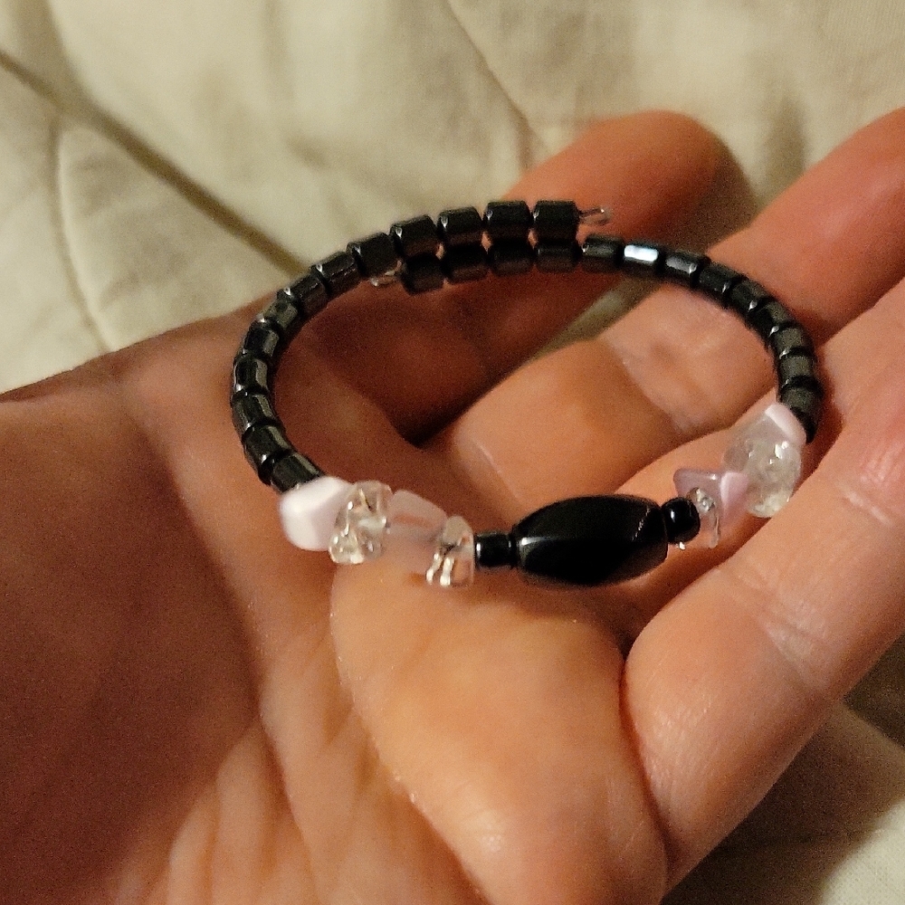 Hematite, Pink & Clear Beaded Memory Wire Bracelet Perfect For Everyday Or Gift